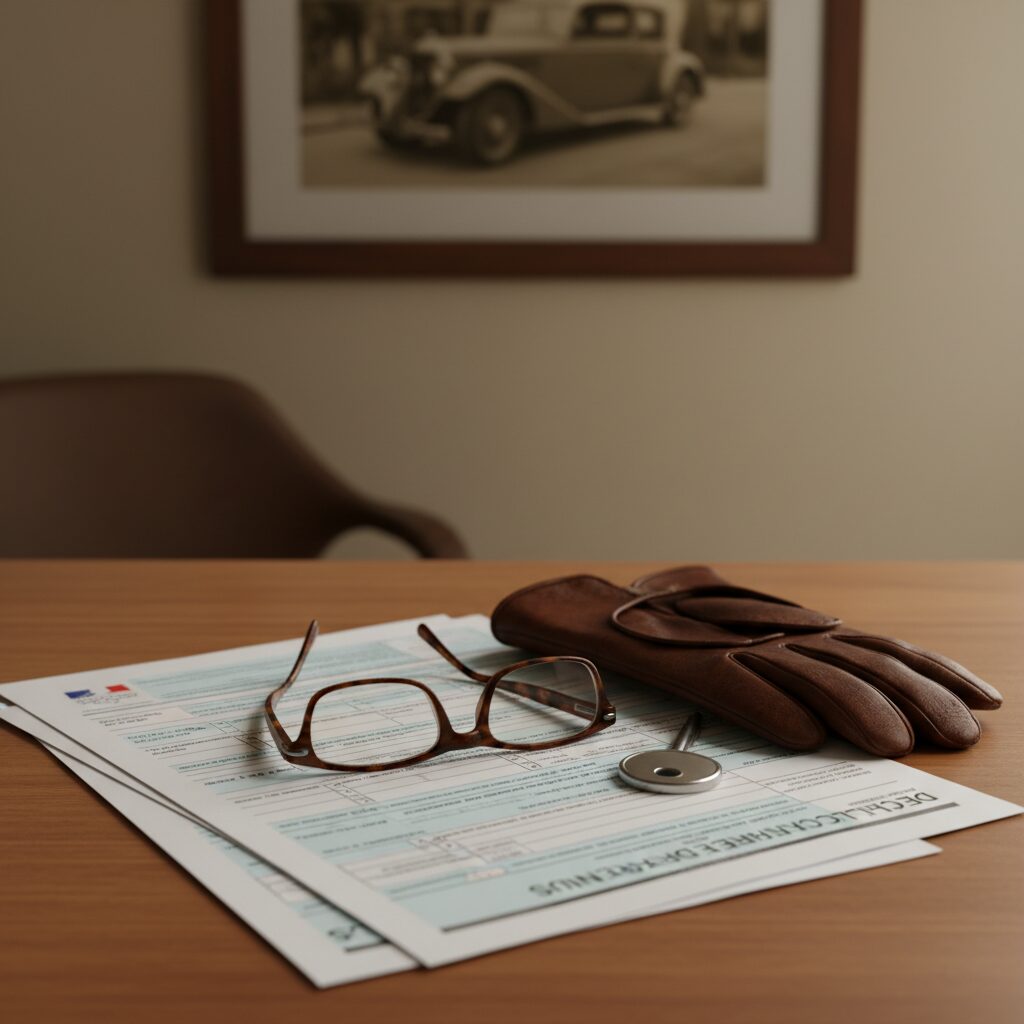 Voiture de collection française garée devant un atelier de restauration en pierre