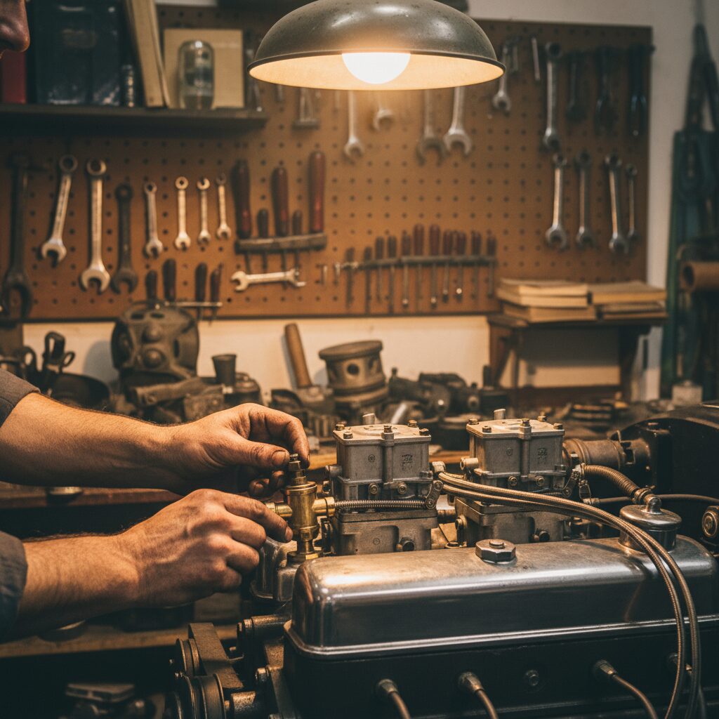 Collection de voitures anciennes dans un grand garage privé éclairé par des néons