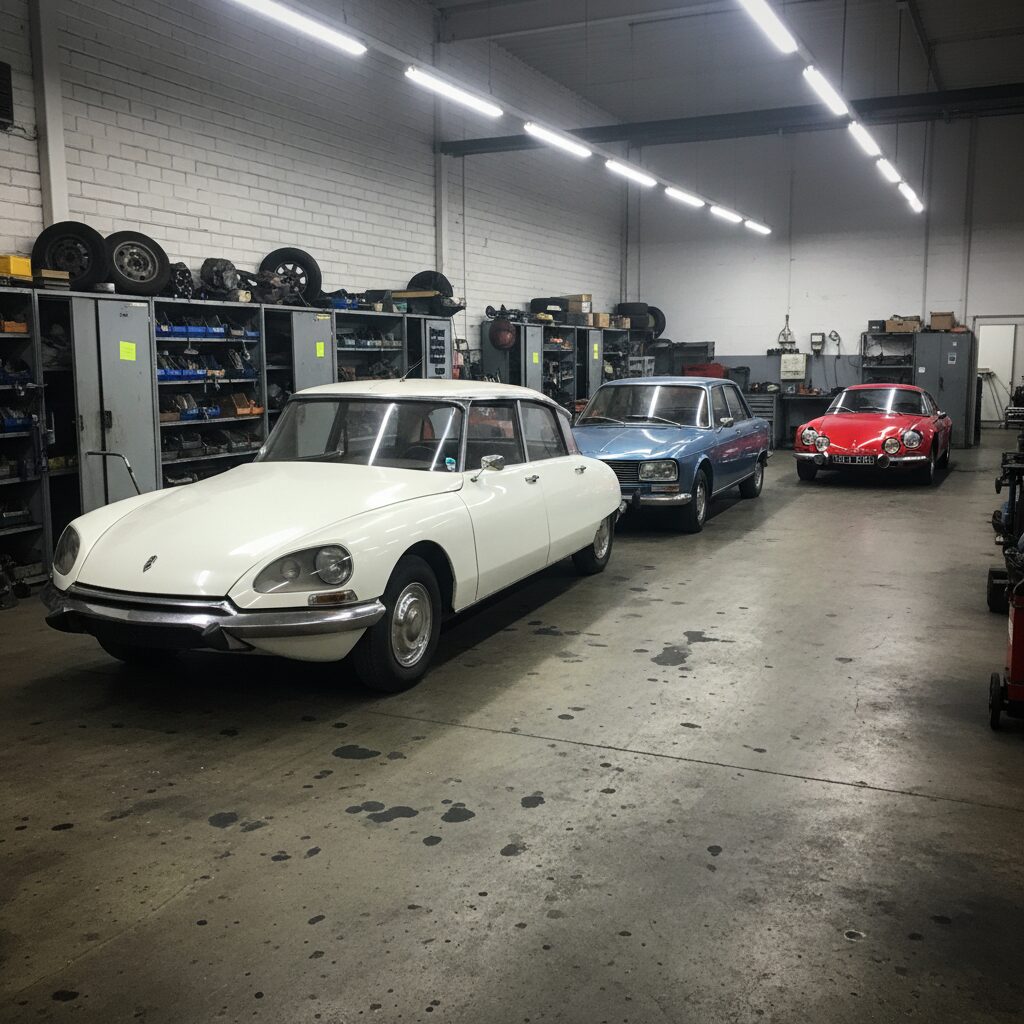 Alignement de voitures de collection françaises dans un atelier de restauration près de Lyon