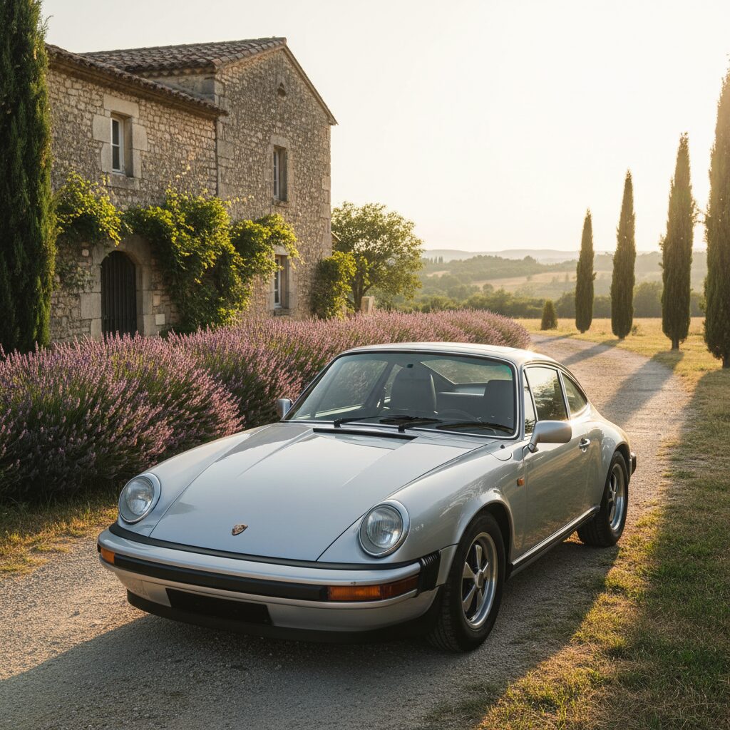 Porsche 911 classique des années 1970 stationnée devant un mas provençal en pierre