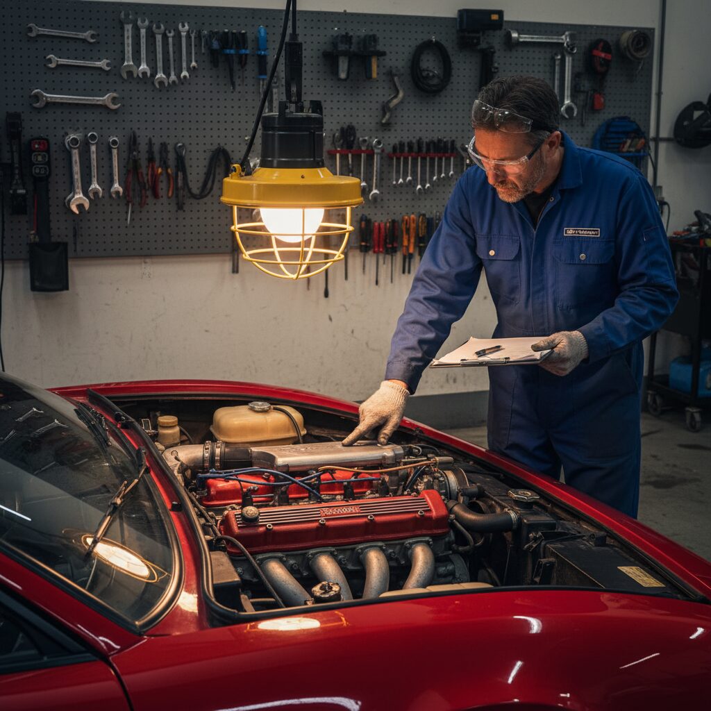 Expert automobile examinant le compartiment moteur d'une Ferrari classique rouge dans un garage