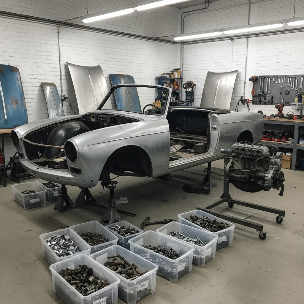 Voiture de collection française démontée en cours de restauration dans un atelier professionnel