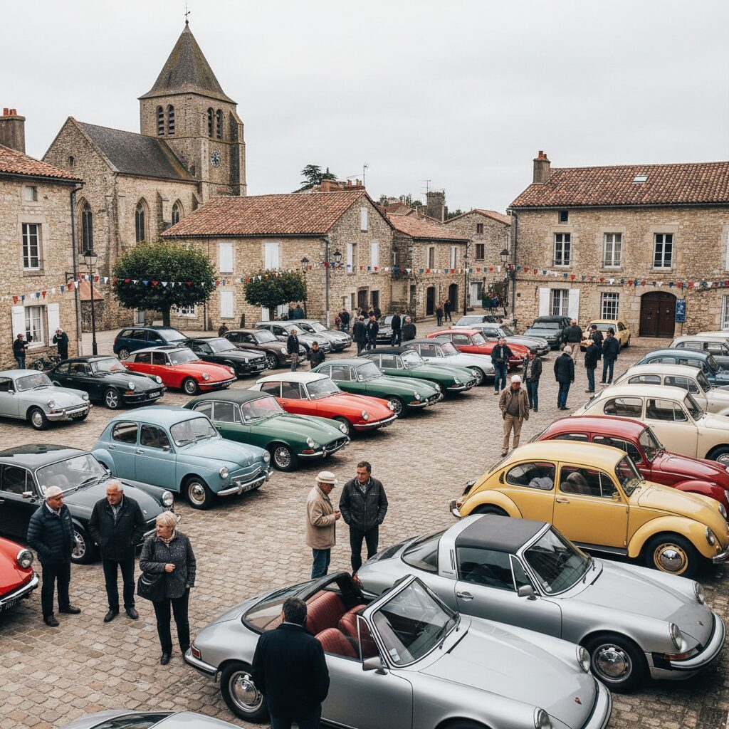 Rassemblement de voitures anciennes sur une place de village français avec des passionnés