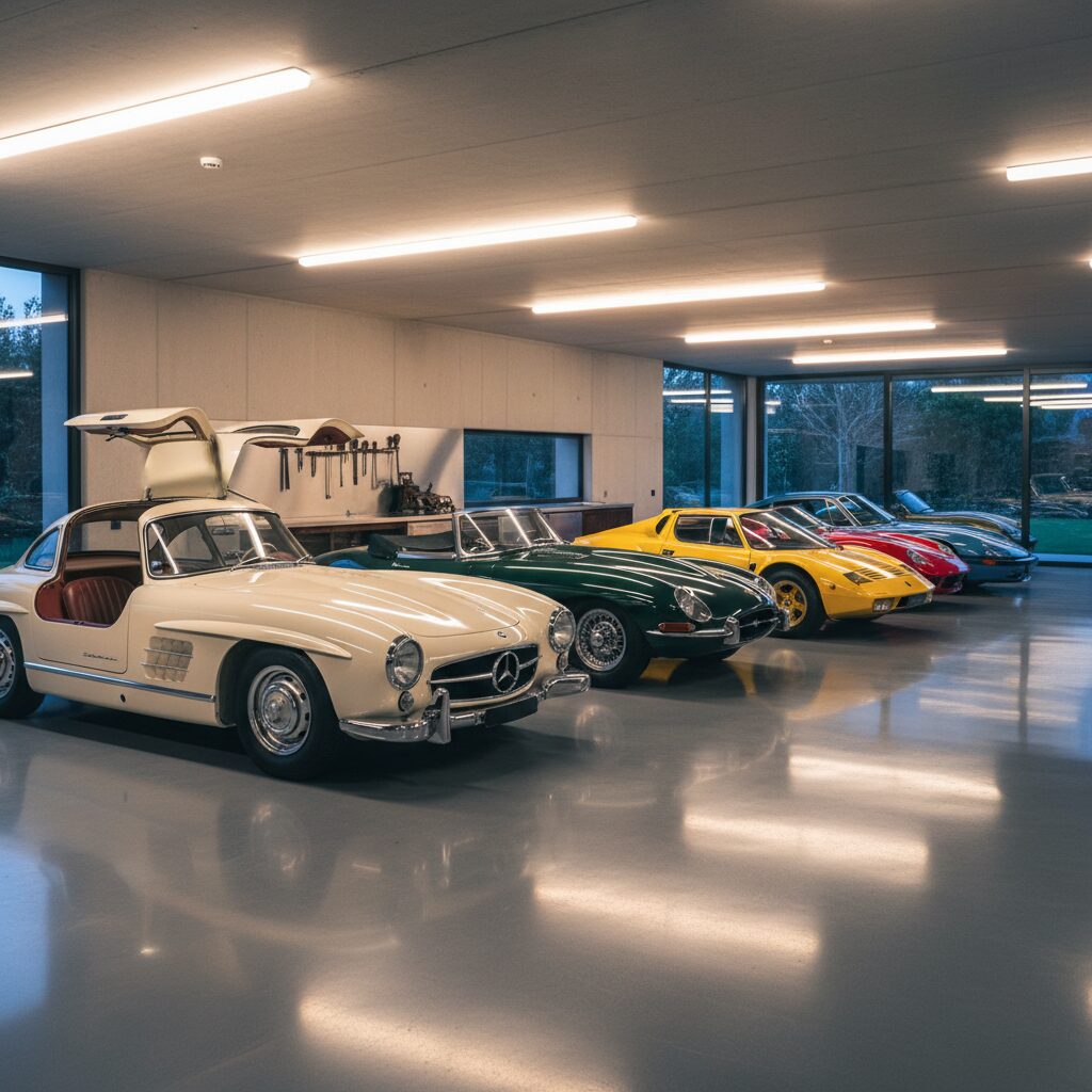 Garage collectif avec plusieurs voitures de collection européennes alignées sous un éclairage doux
