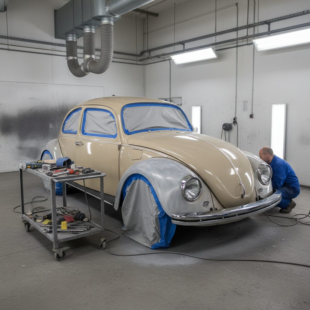 Peugeot 205 GTI rouge garée sous un auvent dans une cour de propriété provençale