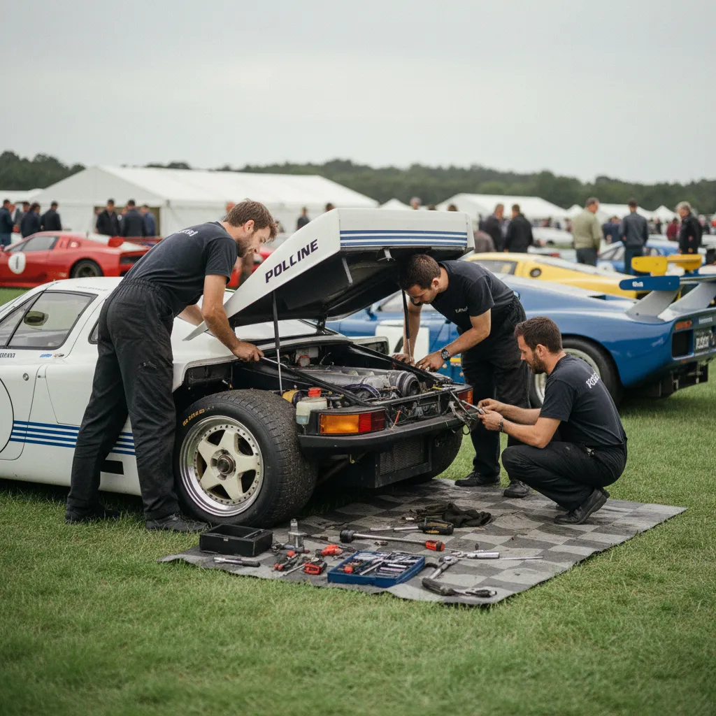 Dans les paddocks ouverts, les mécaniciens préparent une Porsche 962 Group C sous le regard des passionnés