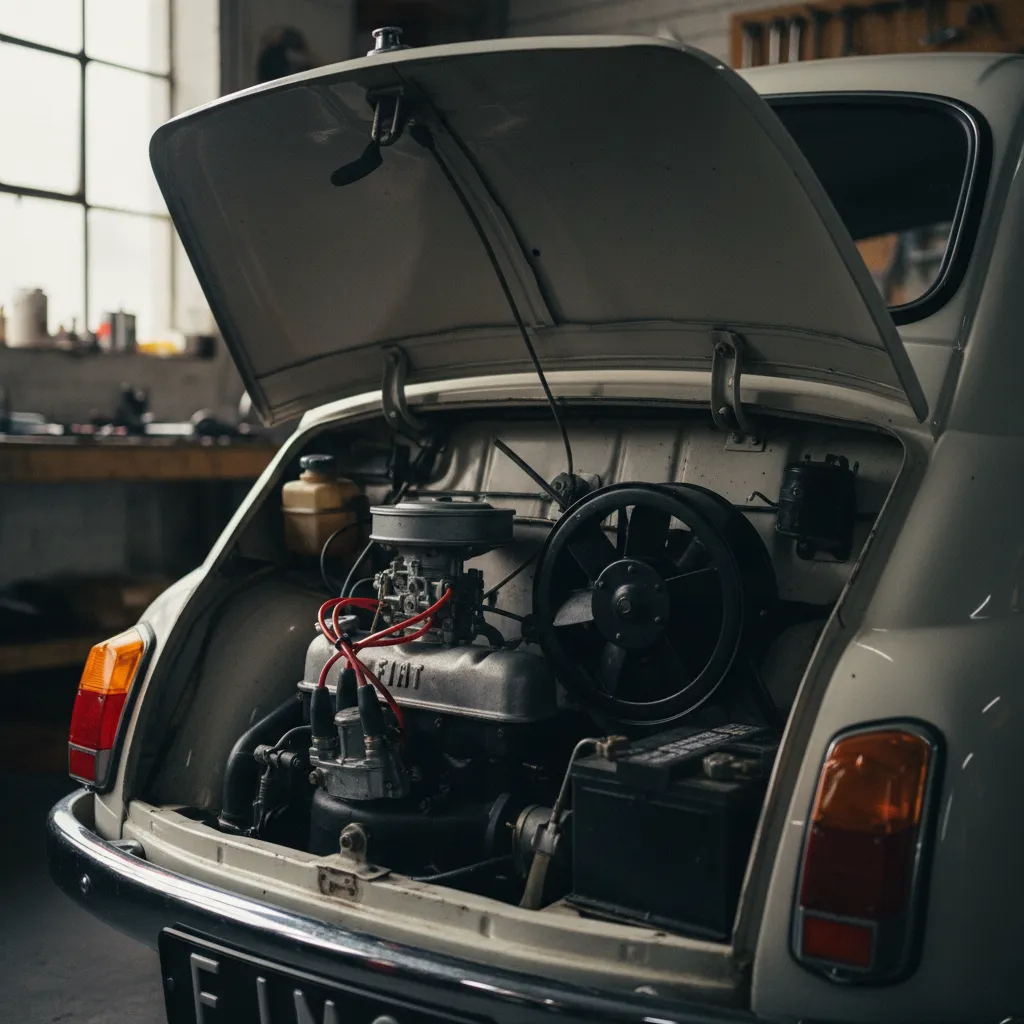 Le bicylindre refroidi par air de la Fiat 500, compact et accessible pour l'entretien courant