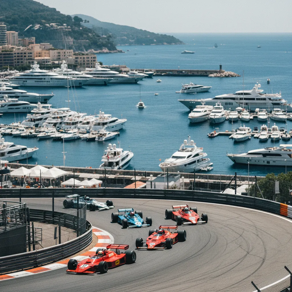 Vue panoramique sur le port de Monaco et la chicane depuis les tribunes du Grand Prix Historique