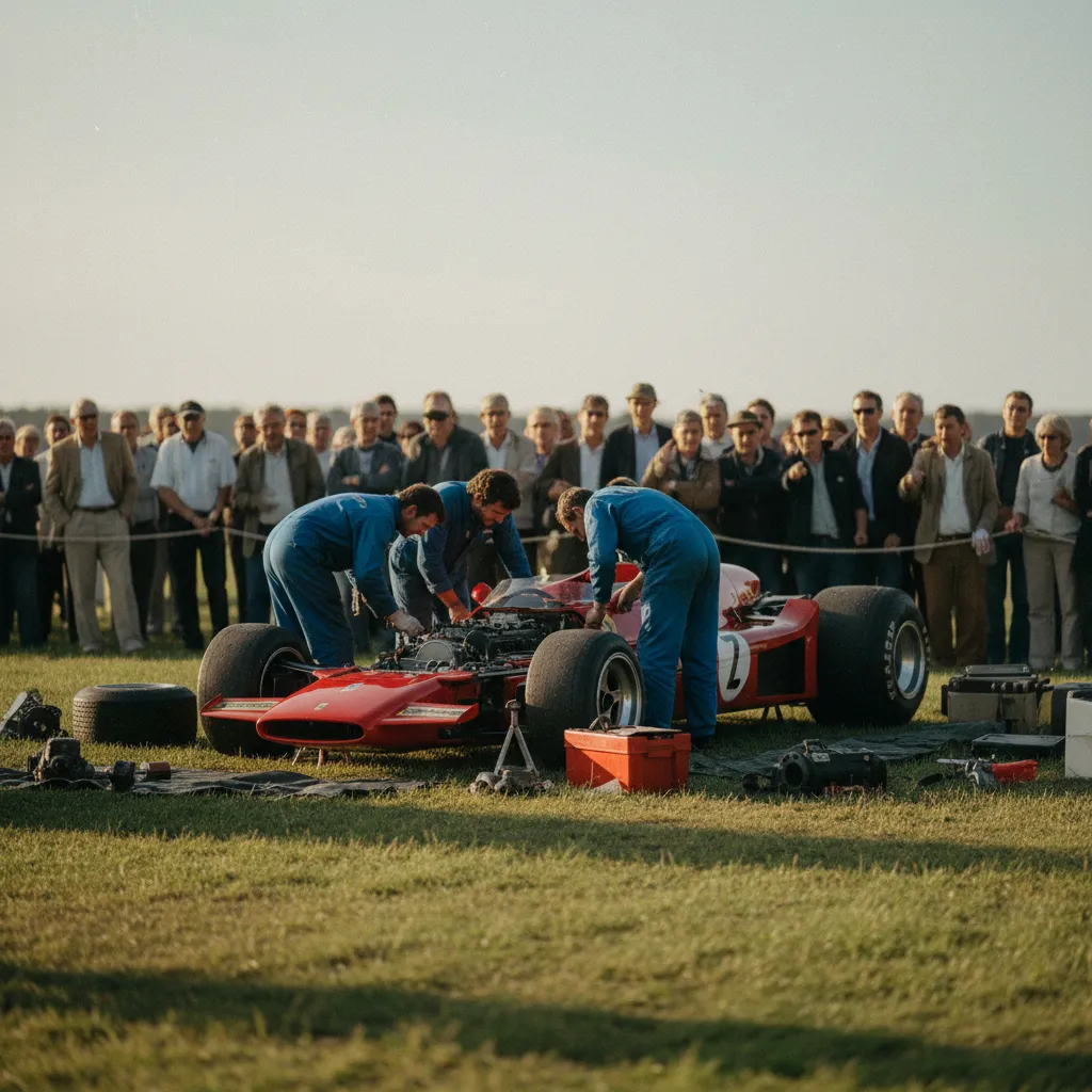 Dans le paddock ouvert, les mécaniciens travaillent sous les yeux des passionnés
