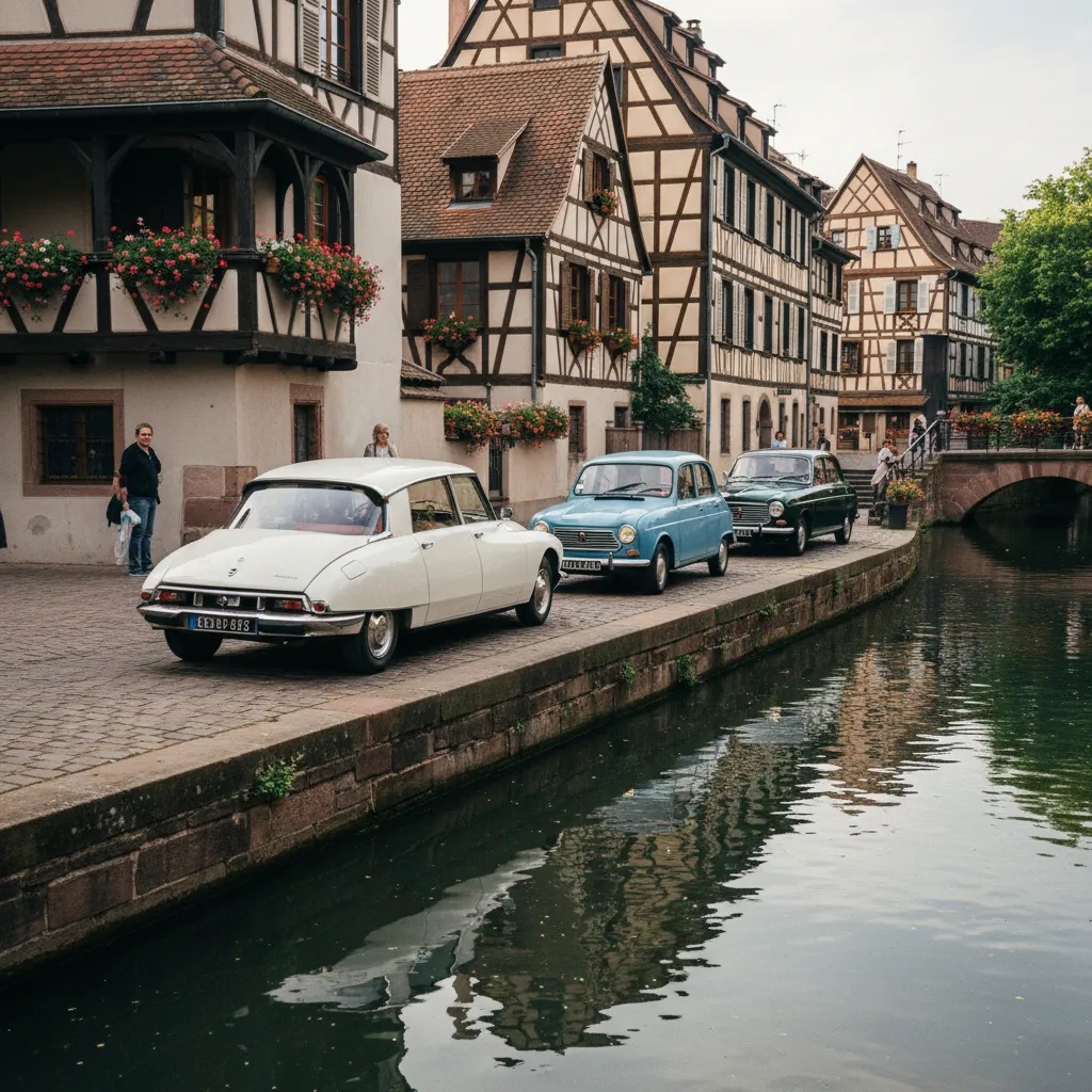 Défilé de voitures françaises de collection dans le quartier de la Petite France à Strasbourg