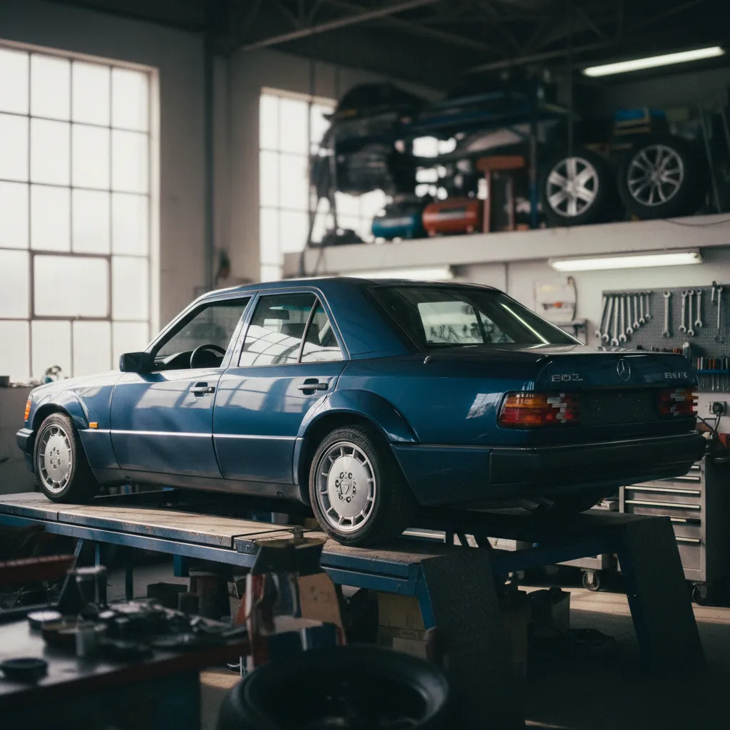 La mythique 500 E en cours de restauration : ses ailes arrière élargies trahissent son assemblage chez Porsche à Zuffenhausen