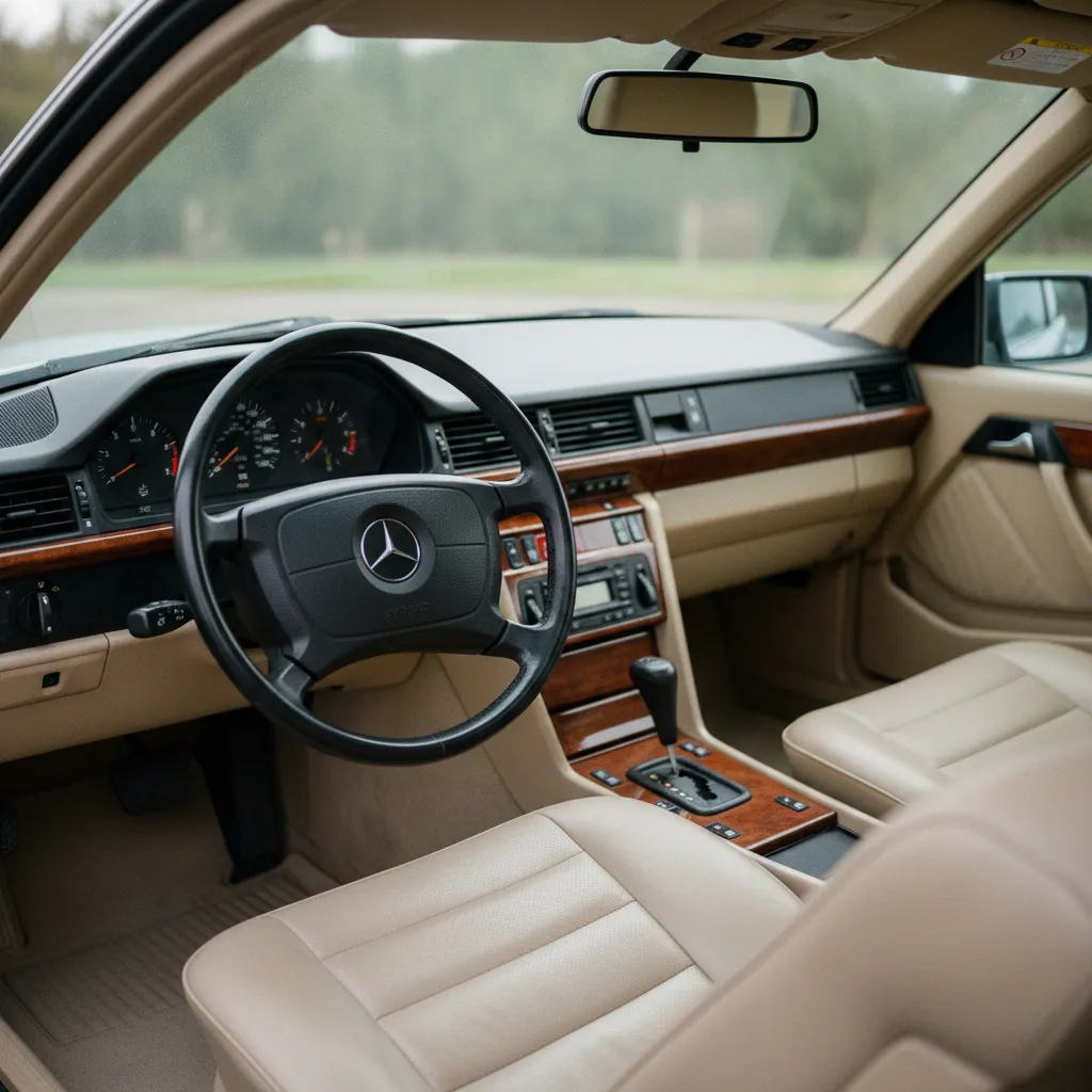 L'habitacle en cuir beige d'une W124 restaurée : un tableau de bord sans fissure est un critère de sélection essentiel