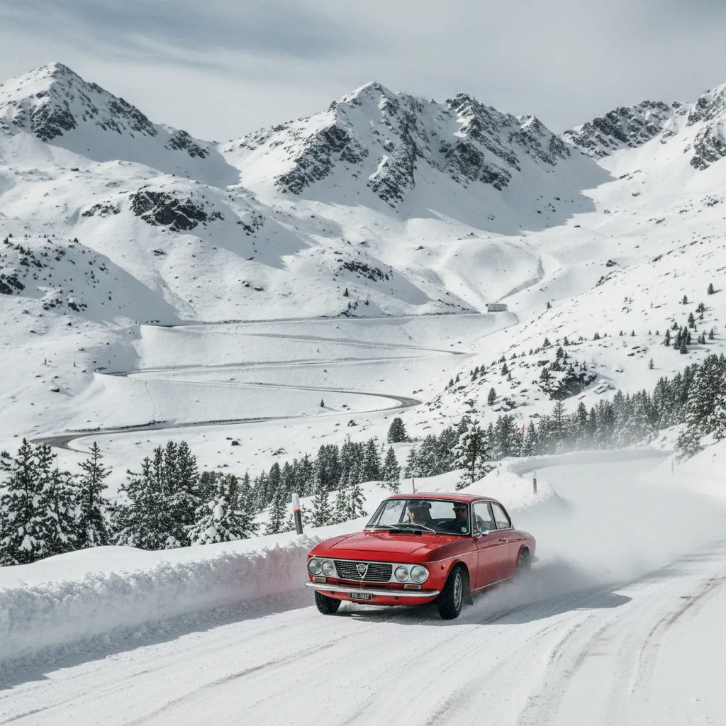 Une Lancia Fulvia négocie un col enneigé sur le parcours du Monte-Carlo Historique