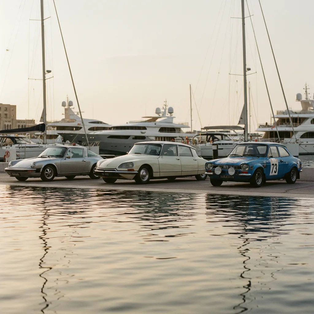 Les voitures exposées sur le quai Albert Ier à Monaco après l'arrivée du rallye