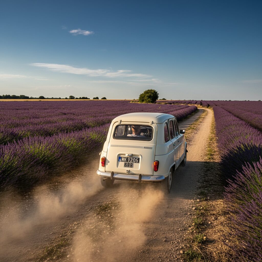 Renault 4L blanche garée sur une route de campagne provençale