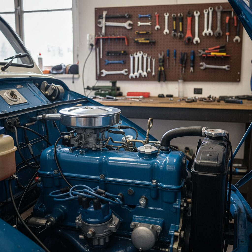 Moteur Renault 4L Cléon-Fonte ouvert dans un atelier de restauration