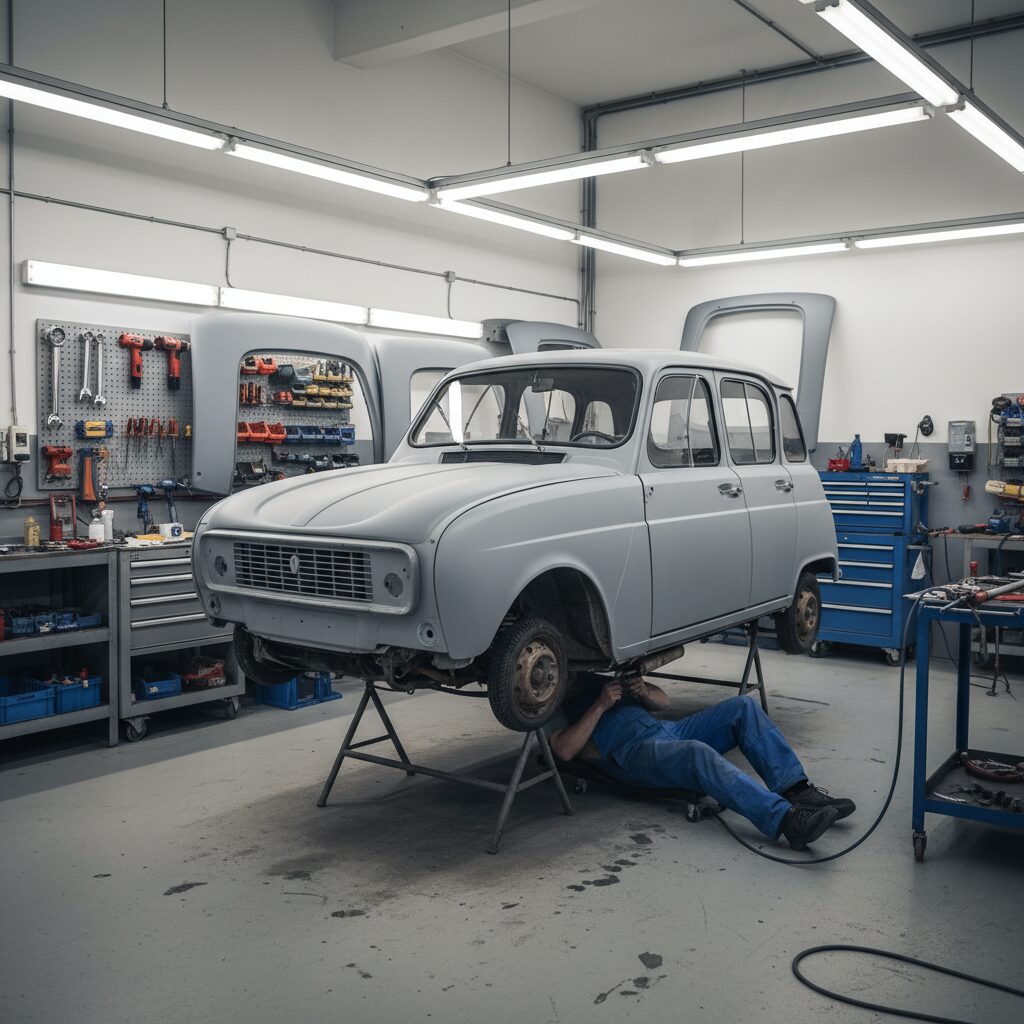 Renault 4L en cours de restauration dans un atelier, carrosserie apprêtée gris