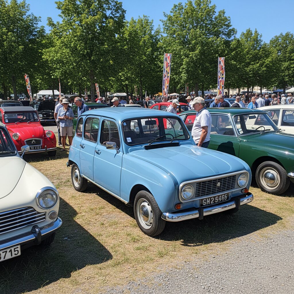 Renault 4L bleue exposée lors d'un rassemblement de voitures anciennes
