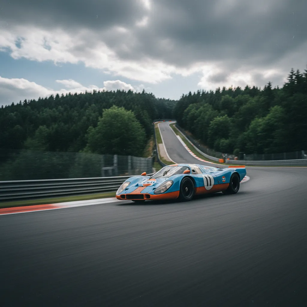 Une Porsche 917 en livrée Gulf attaque la montée de l'Eau Rouge-Raidillon à Spa-Francorchamps