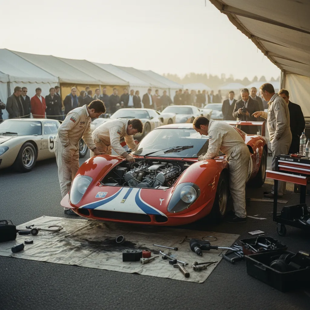L'effervescence du paddock où les mécaniciens préparent les voitures entre deux sessions de course