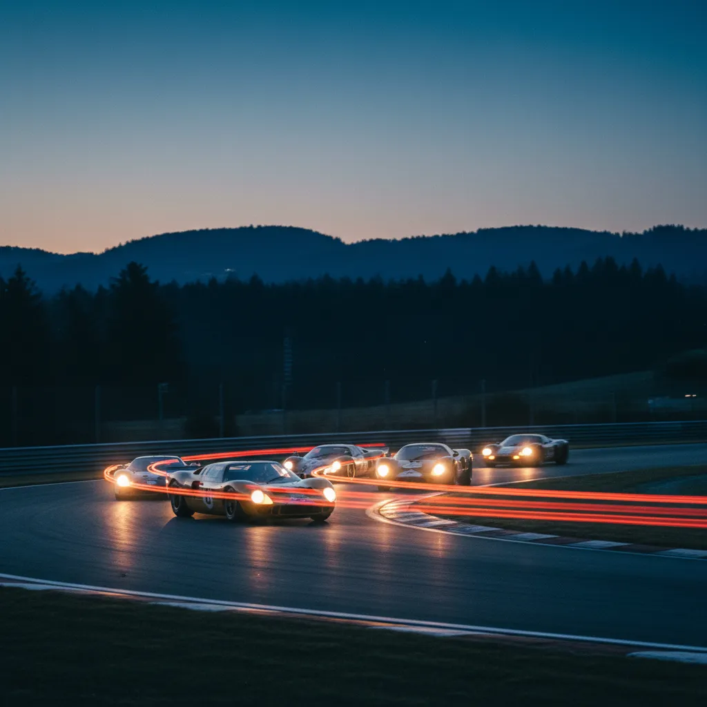 La course nocturne du samedi : les phares des voitures historiques percent l'obscurité des Ardennes