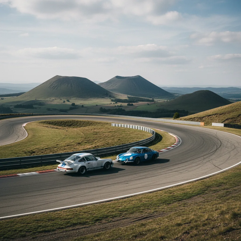 Porsche 911 et Alpine A110 dans les virages du circuit de Charade, au cœur des volcans d'Auvergne