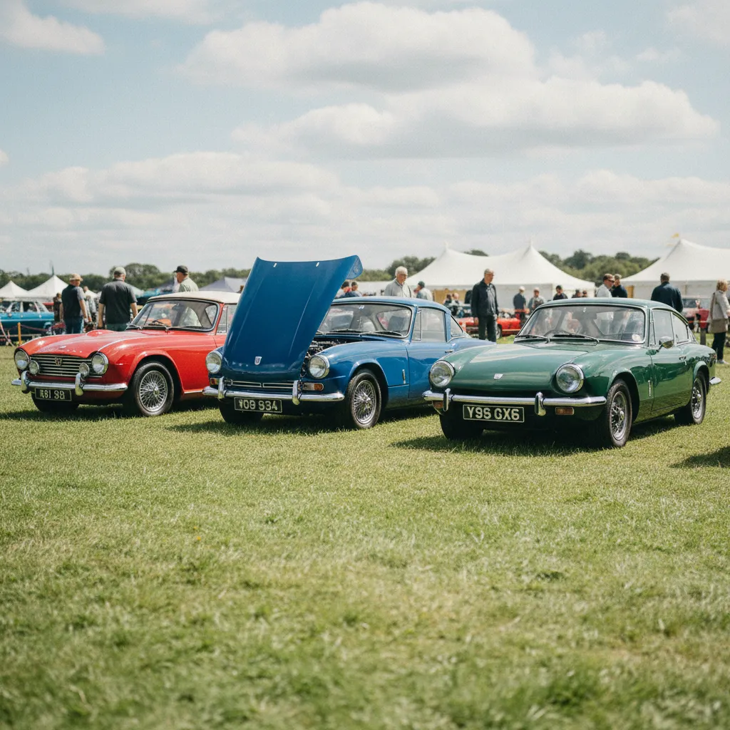 Gamme Triumph réunie lors d'un rassemblement de voitures anciennes