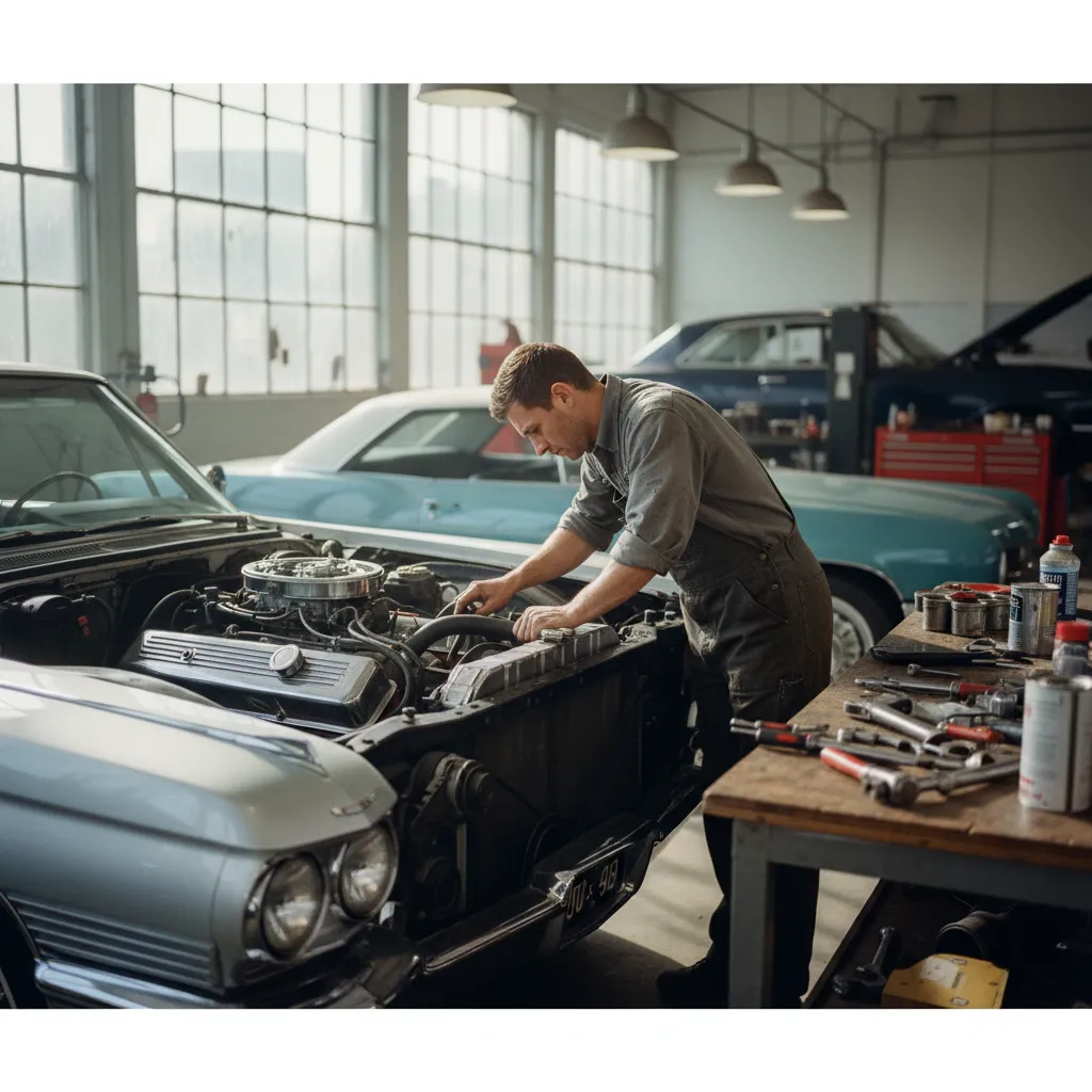 Restauration du moteur V8 d'une Cadillac des années 1960 dans un atelier spécialisé