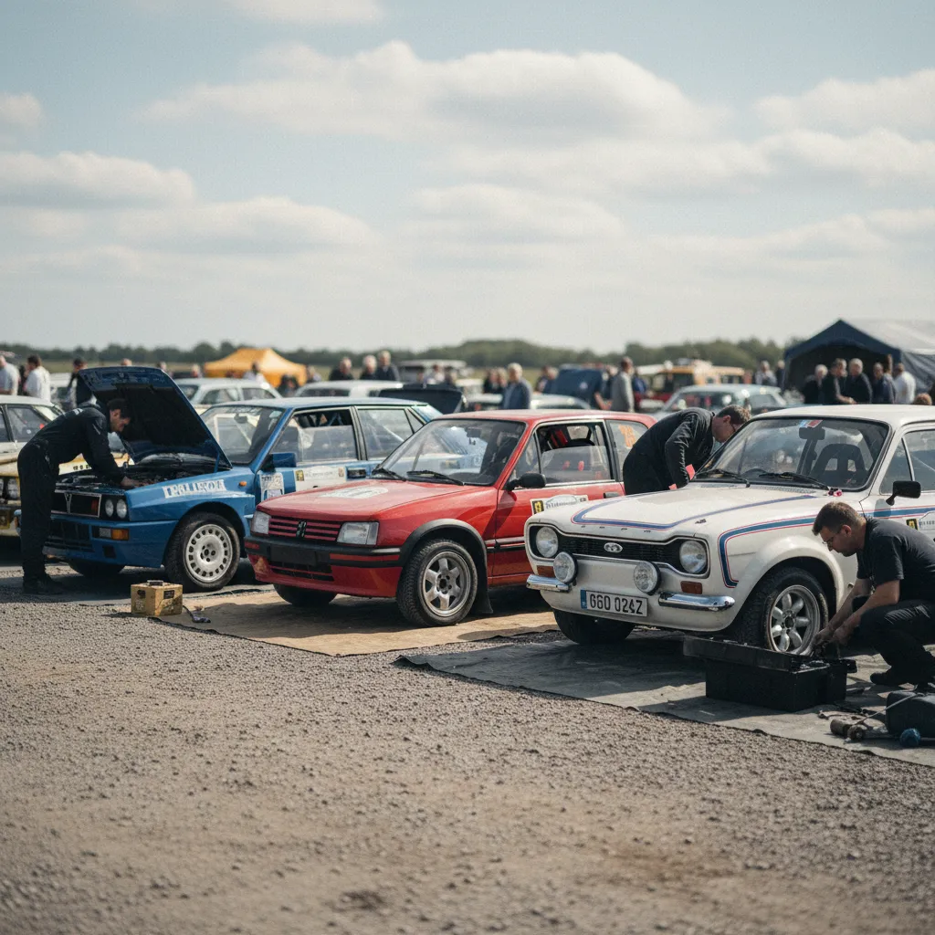 Berlines sportives des années 80 alignées dans un parc d'assistance avant le départ d'un rallye historique