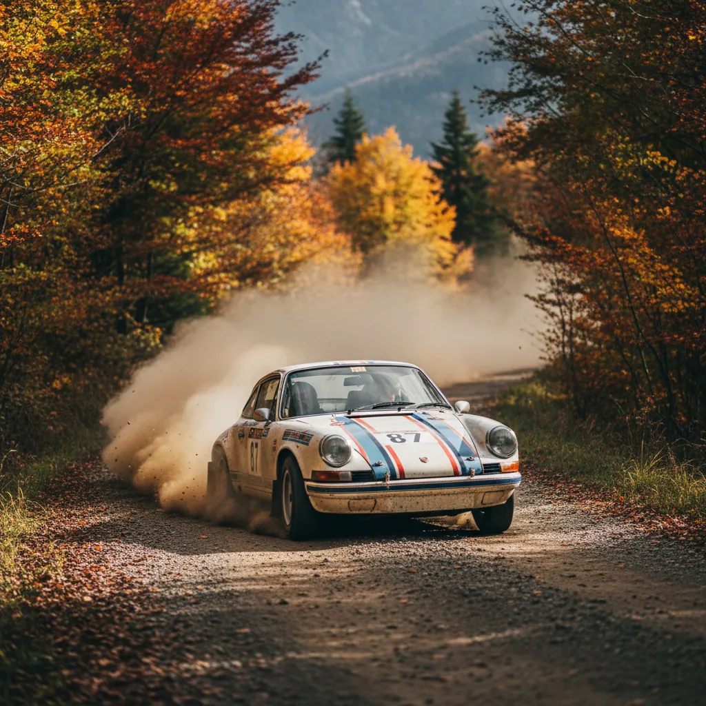 Une Porsche 911 classique en action lors d'une spéciale de rallye historique en montagne