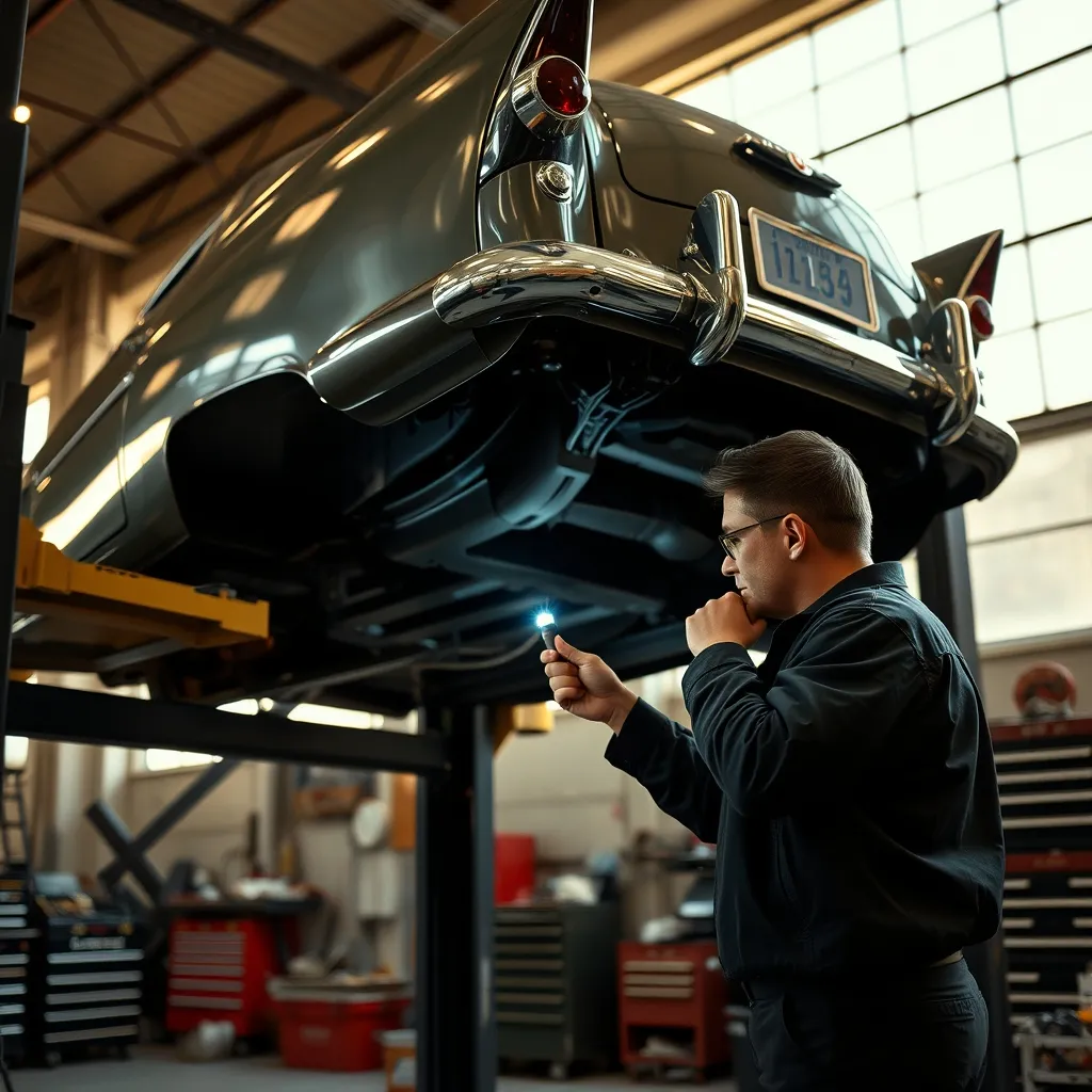 Inspection mécanique d'une voiture ancienne avant enchère dans un atelier spécialisé