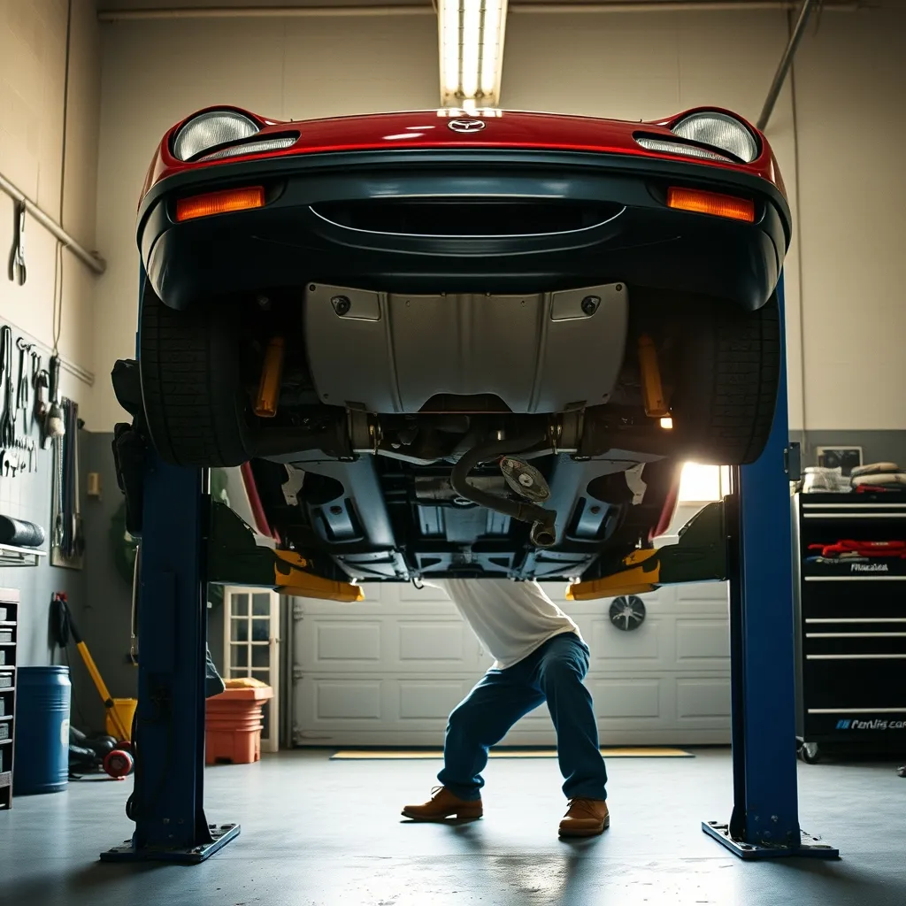 Inspection mécanique d'une Mazda MX-5 NA sur pont élévateur