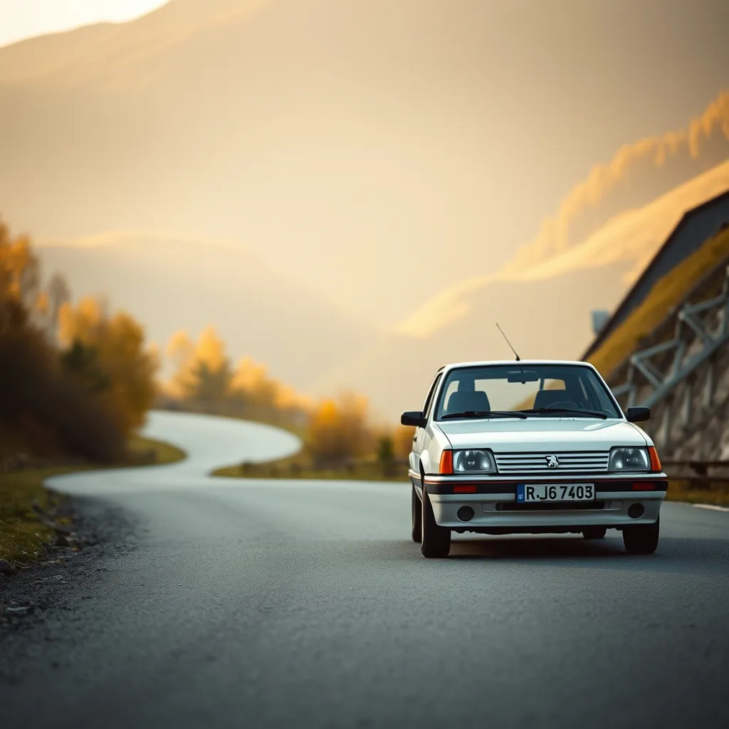 Peugeot 205 GTI 1.9 restaurée sur une route de montagne alpine