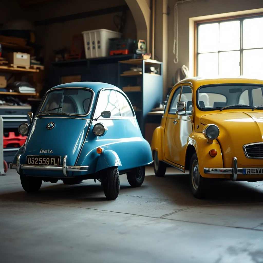 BMW Isetta et Reliant Robin côte à côte dans un atelier de restauration