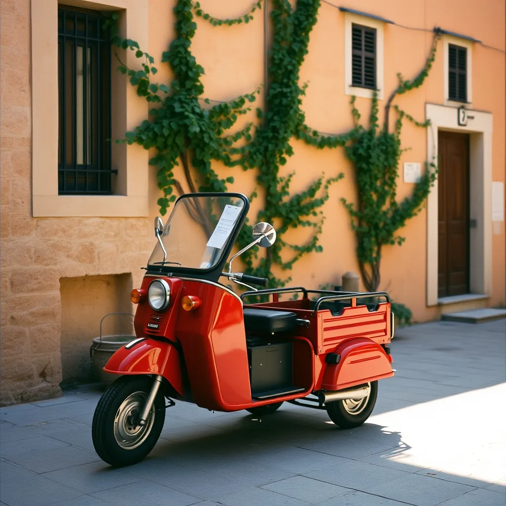 Piaggio Ape ancien devant une façade méditerranéenne typique
