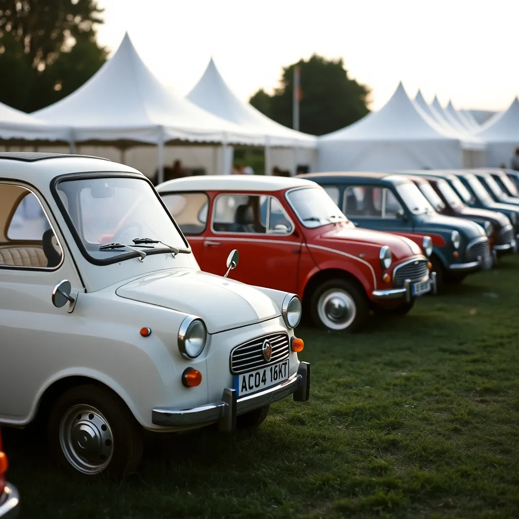 Plusieurs modèles historiques de voitures sans permis exposés lors d'un rassemblement de véhicules anciens