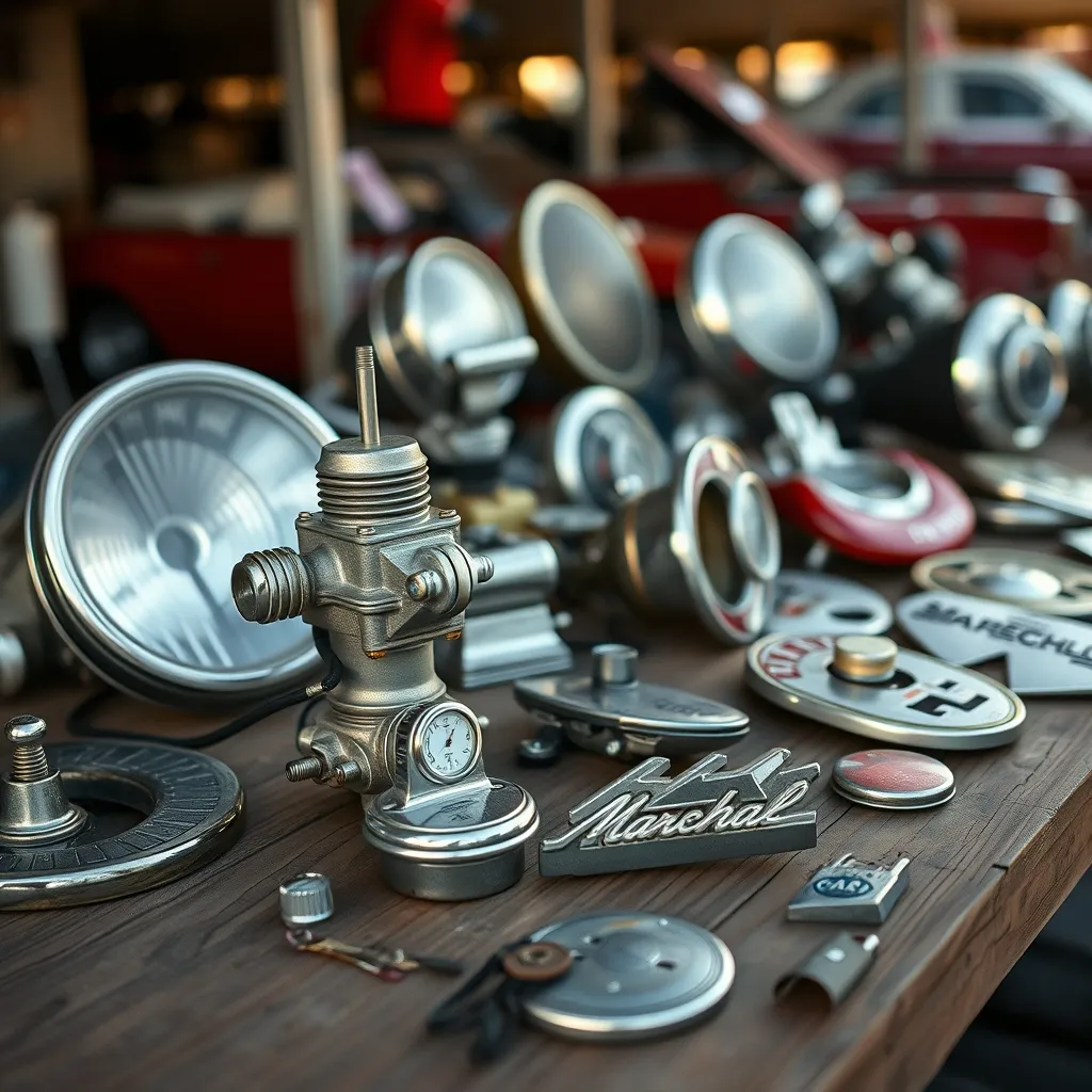 Carburateurs, optiques et chromes d'époque sur un stand de bourse d'échange