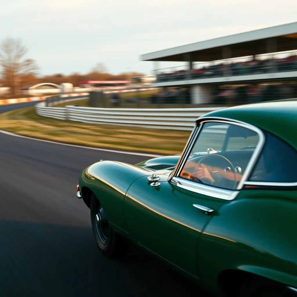 Une Jaguar Type E en pleine attaque dans le virage de Maggotts à Silverstone