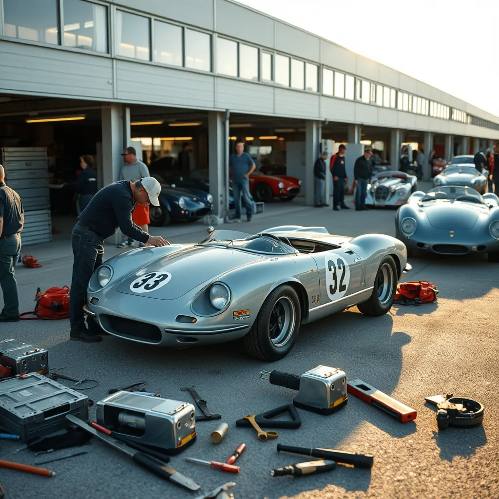 L'ambiance du paddock historique où les mécaniciens préparent les voitures entre deux sessions