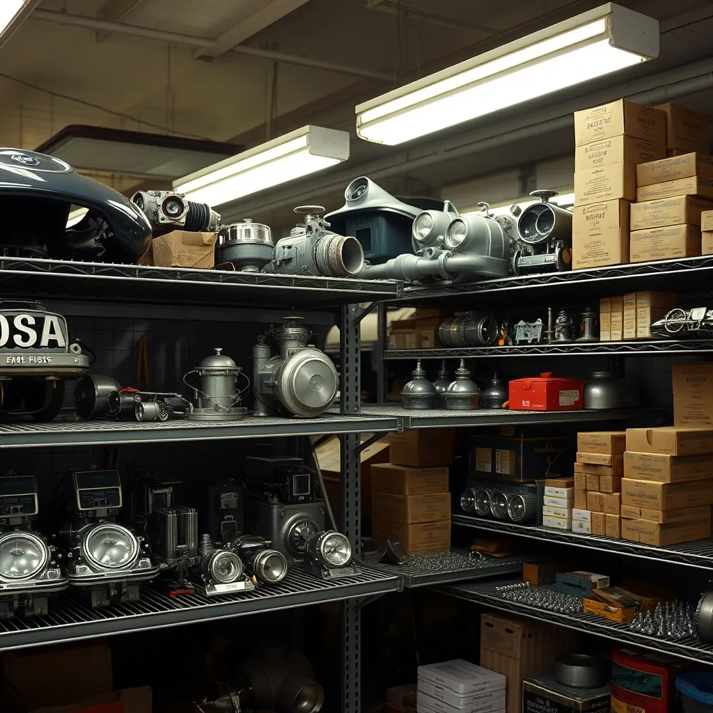 Stock de pièces détachées d'époque dans un atelier spécialisé en véhicules de collection