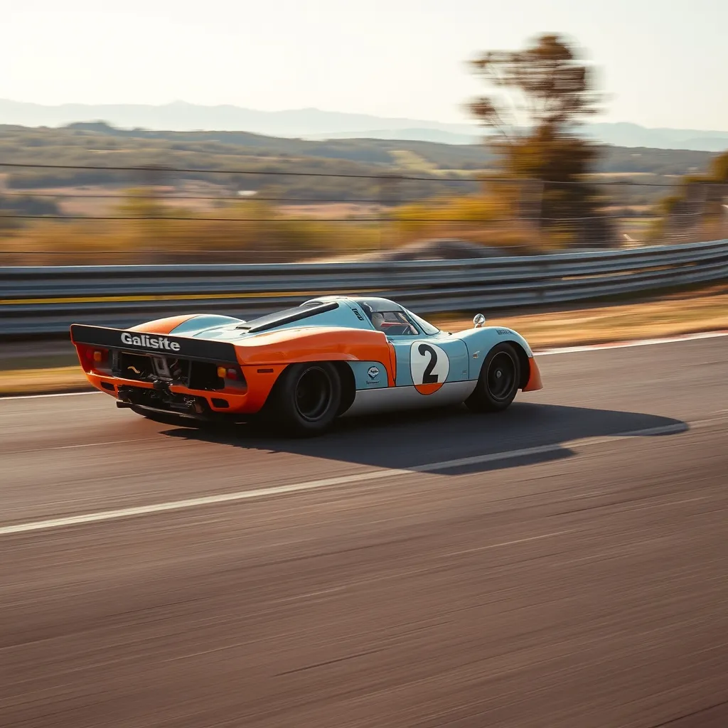 Une Porsche 917 en livrée Gulf attaque un virage du circuit Paul Ricard à pleine vitesse