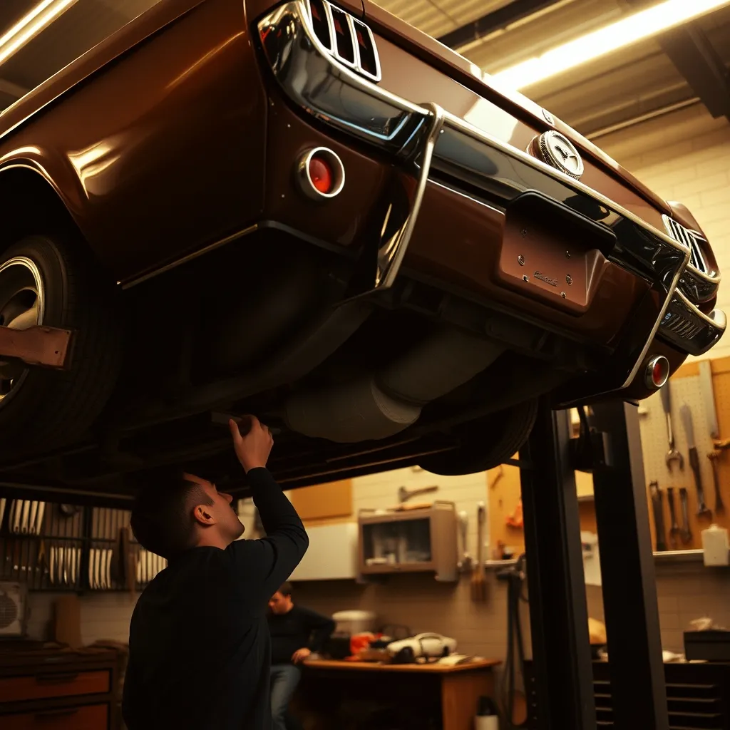 Inspection des soubassements d'une Mustang 1966 en atelier spécialisé