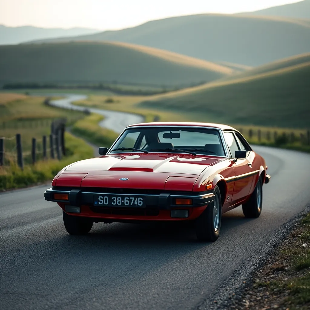 Ford Capri 2.8i des années 70 sur une route de campagne française
