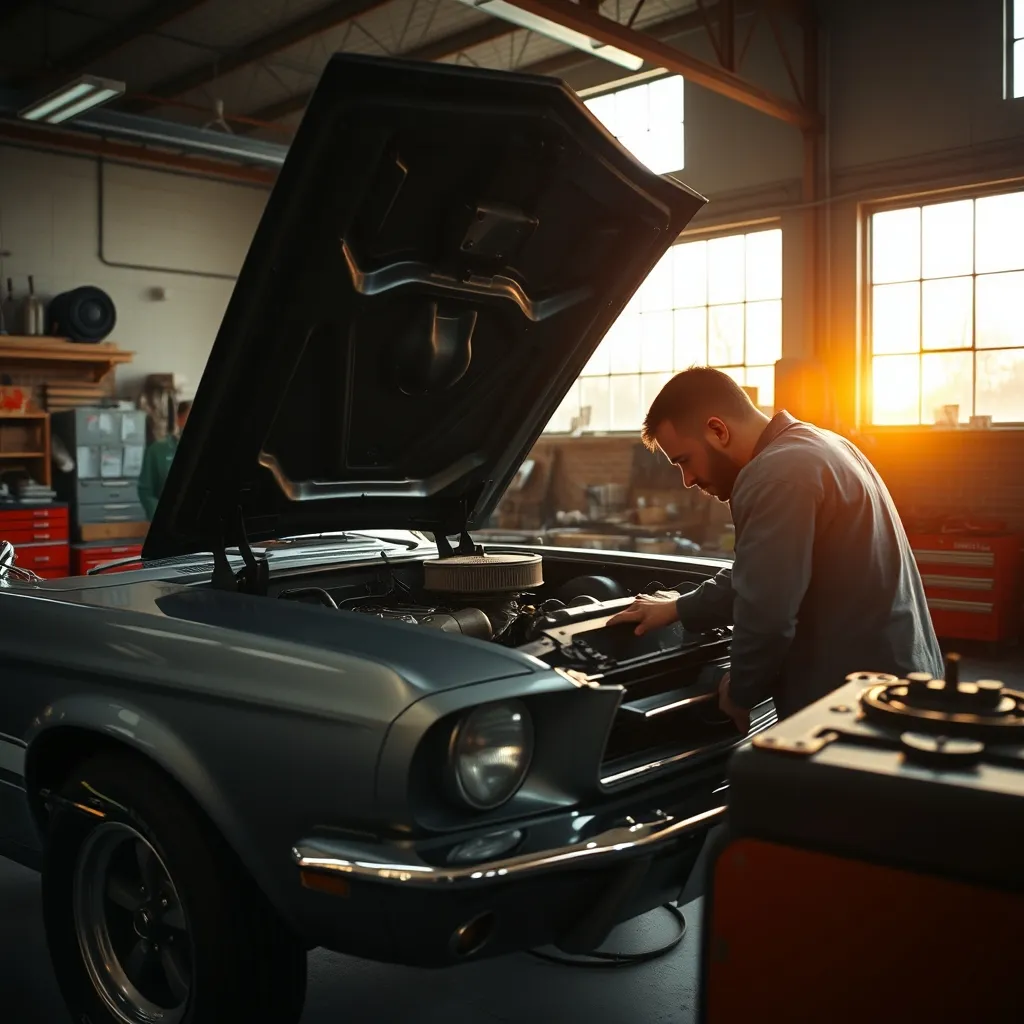 Inspection du compartiment moteur d'une Ford Mustang dans un atelier de restauration