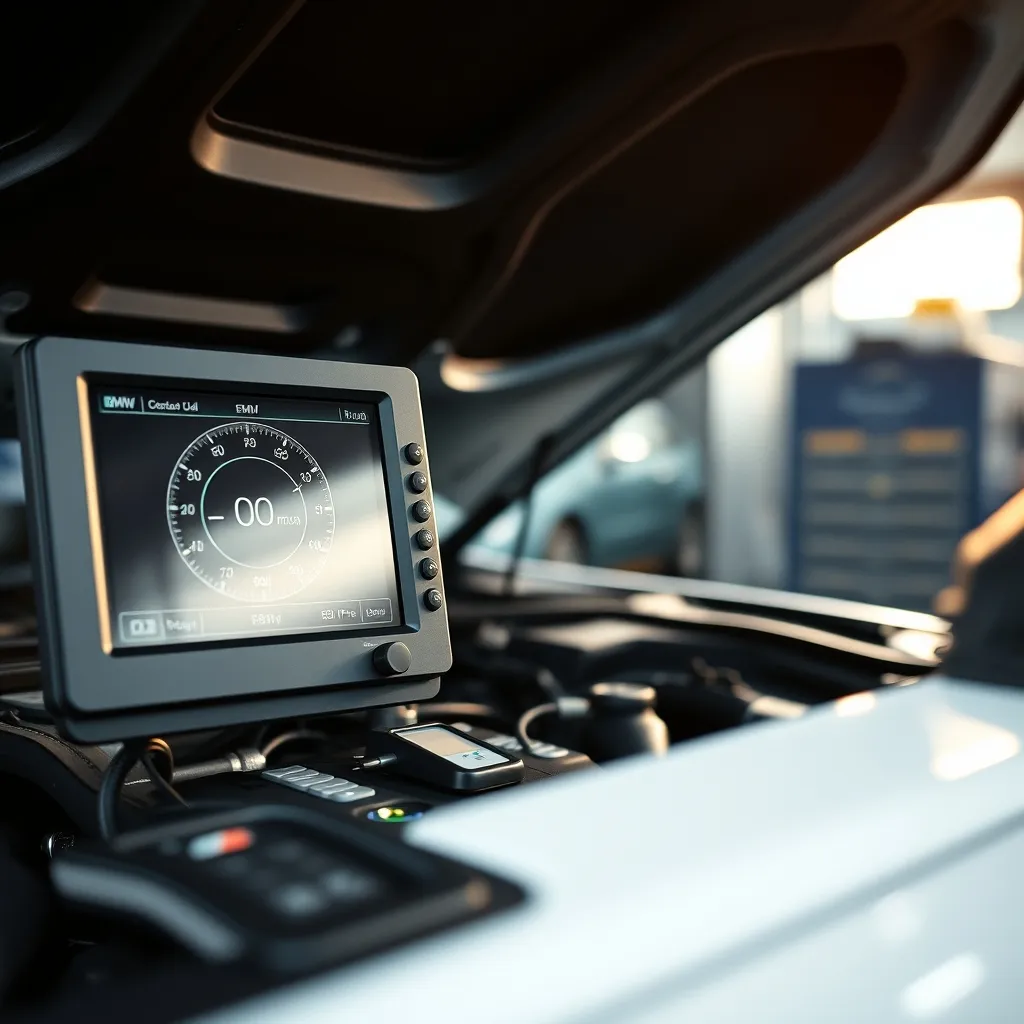 Diagnostic électronique constructeur branché sur un moteur BMW en atelier