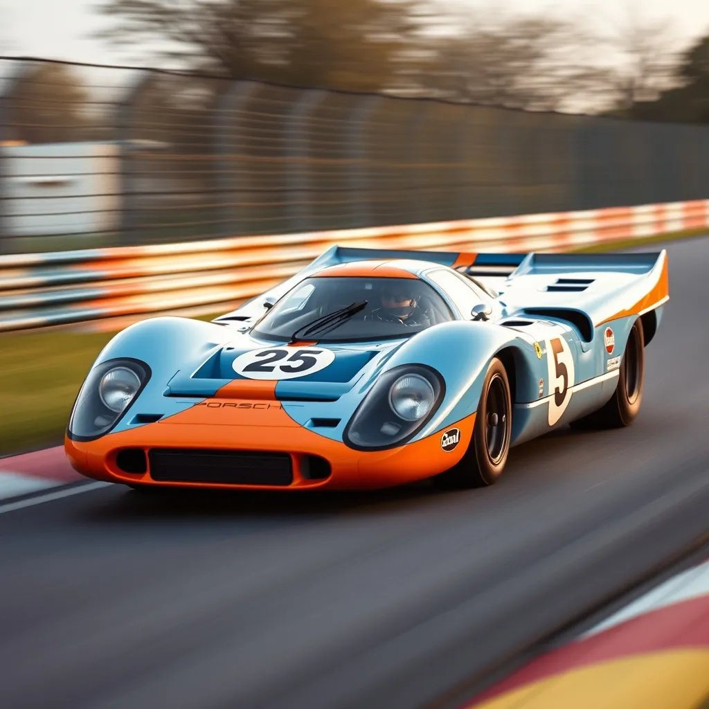Une Porsche 917 en livrée Gulf négocie un virage lors du plateau Classic Endurance Racing