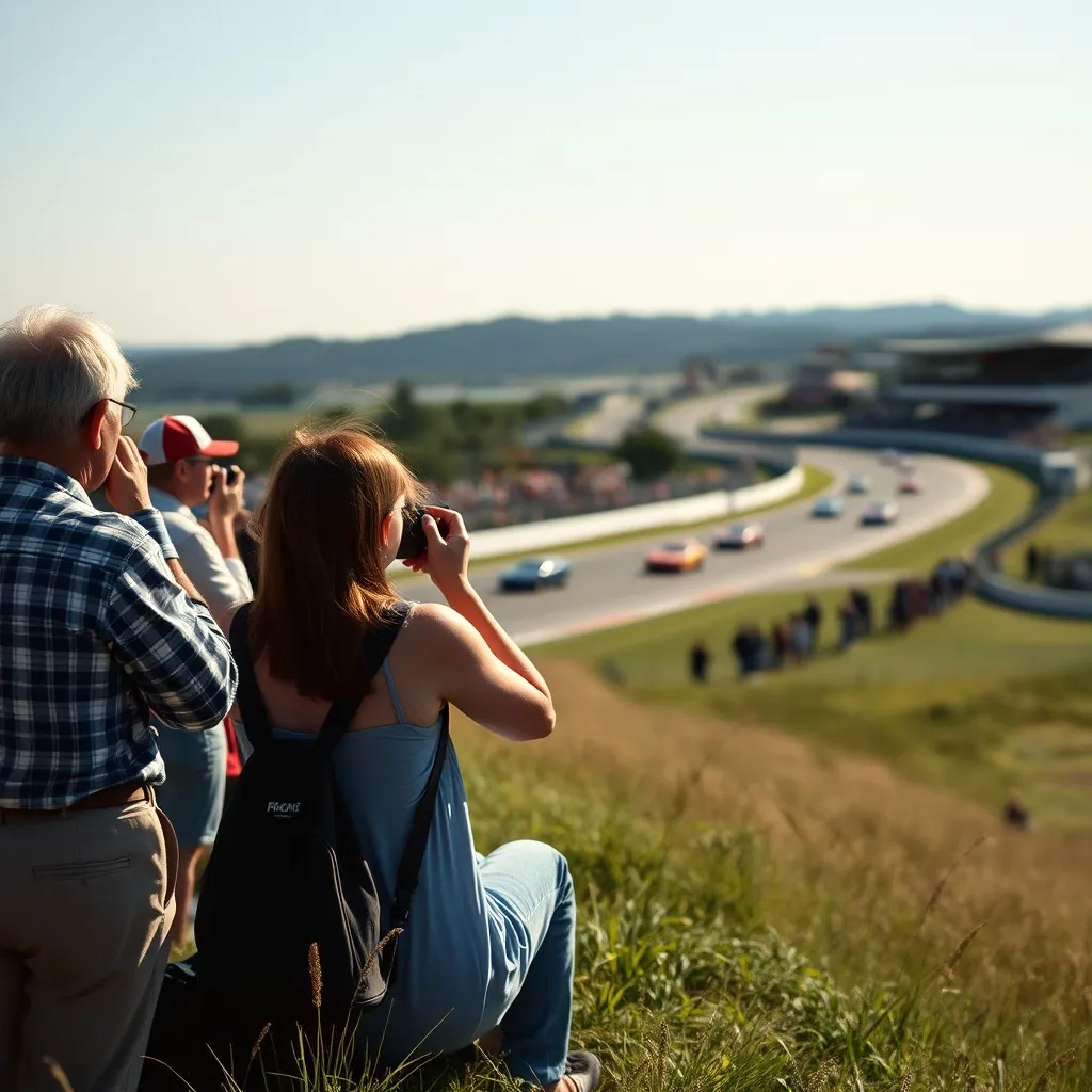 Les spectateurs profitent des talus herbeux pour suivre les courses avec vue panoramique sur le circuit