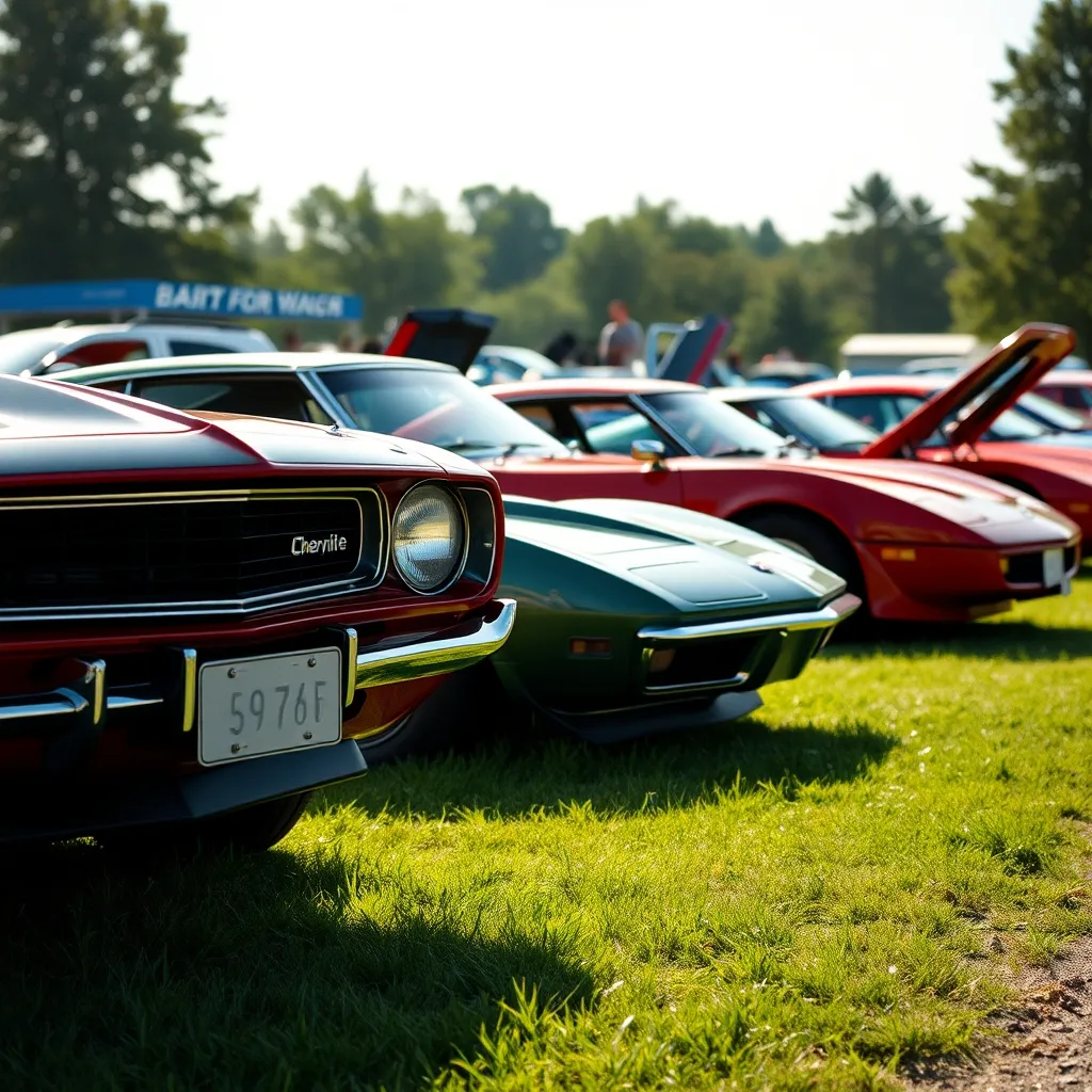 Muscle cars américains exposés lors d'un rassemblement en France