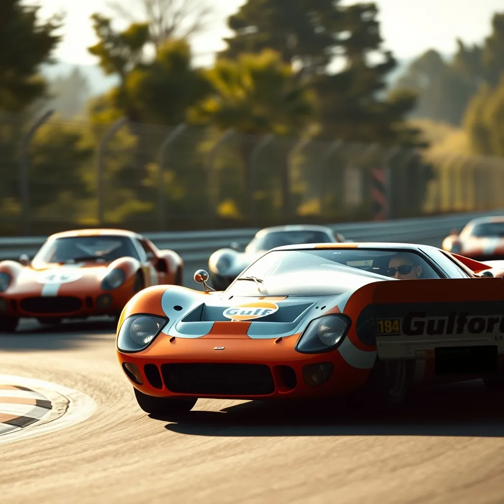 Une Ford GT40 en livrée Gulf en pleine action sur le circuit de la Sarthe