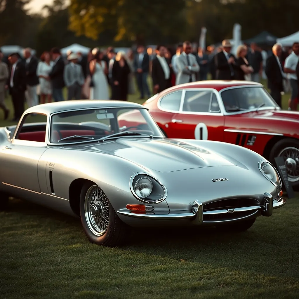 Jaguar Type E et Aston Martin DB5 : deux icônes britanniques côte à côte sur la pelouse